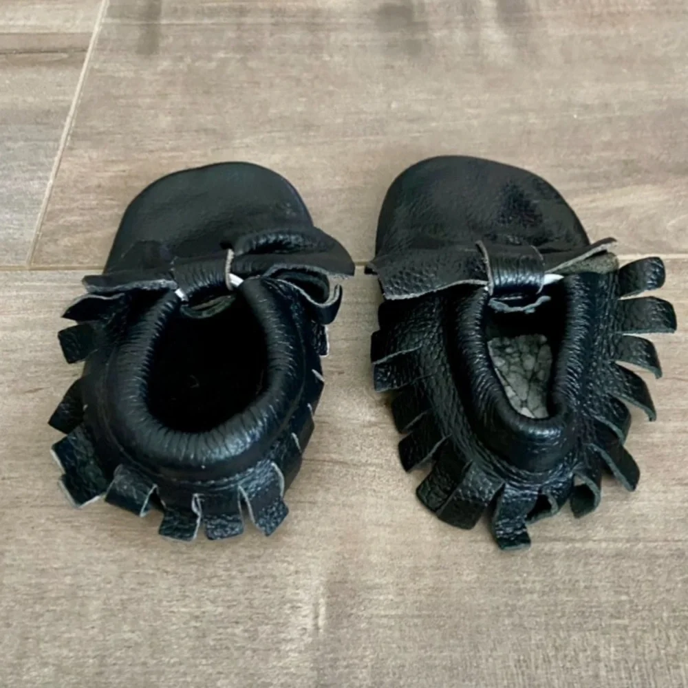 Leather Baby Moccasins with Tassels Crib Toddler Shoes in Black